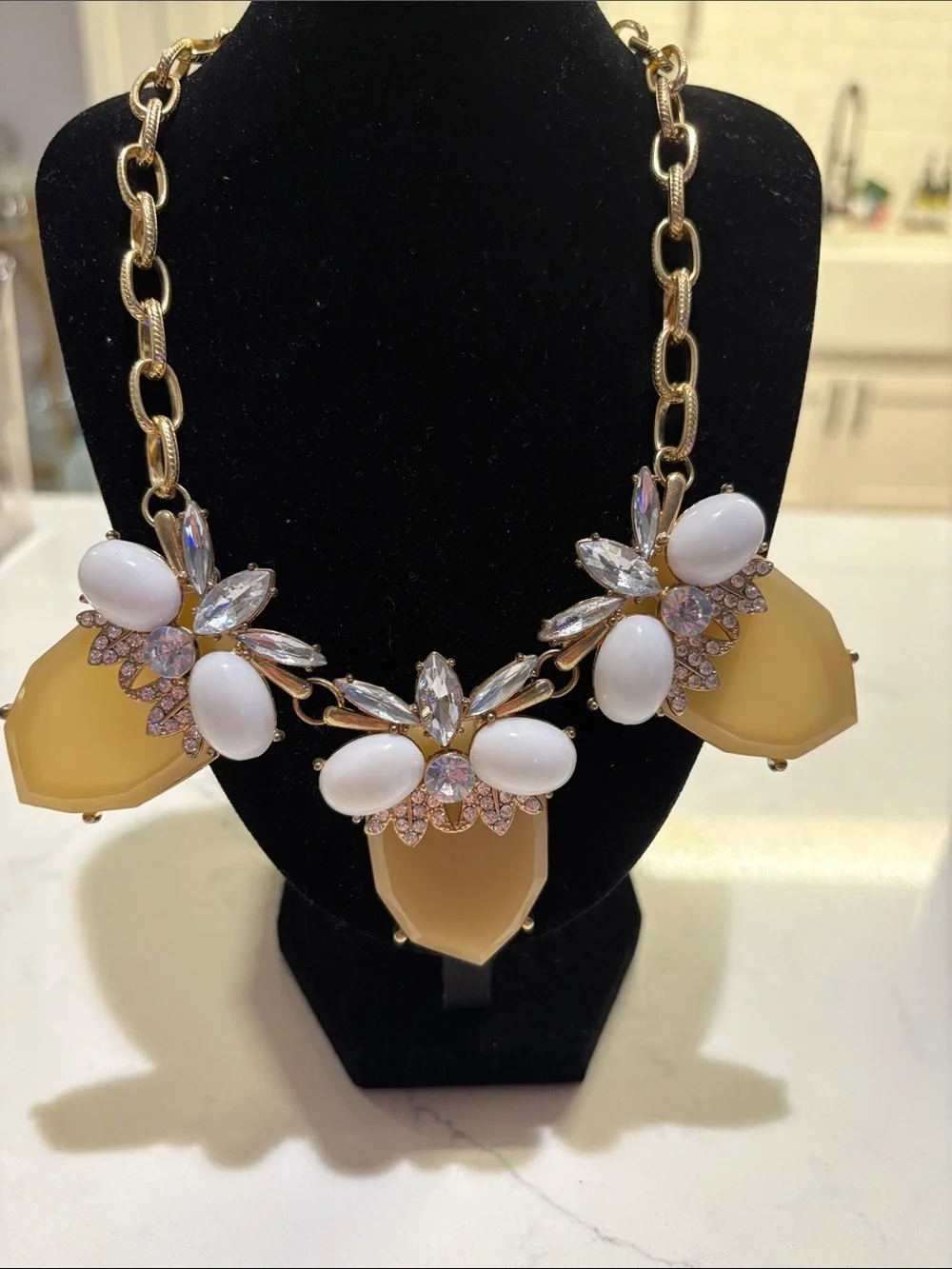 Gold Chain Statement Necklace with White and Mustard Gemstones - Picture 2 of 4